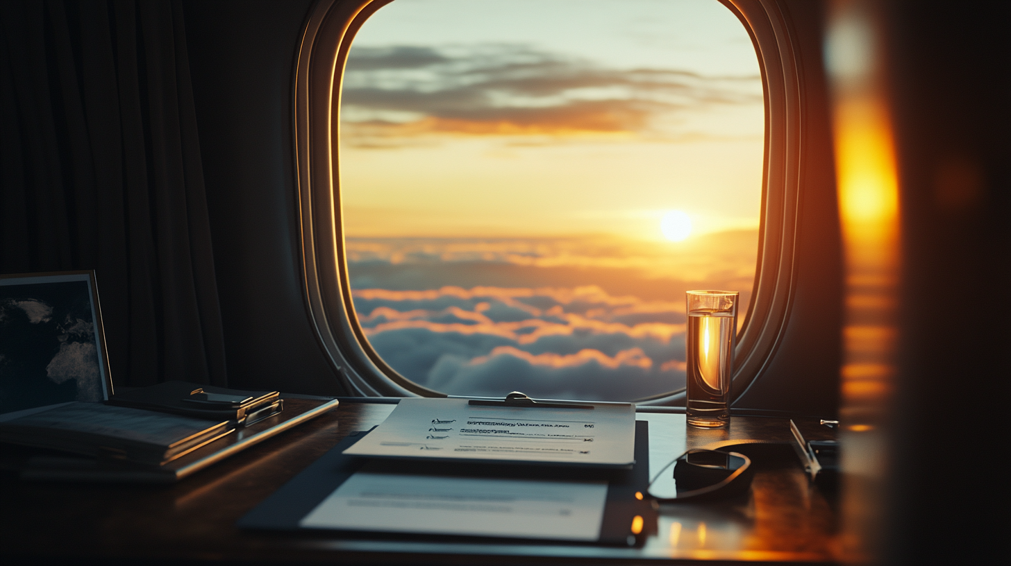A view from an airplane window showing a sunset above the clouds. Inside the plane, there is a table with documents, a pair of headphones, and a glass of water. The warm light from the sunset illuminates the scene, creating a serene atmosphere.