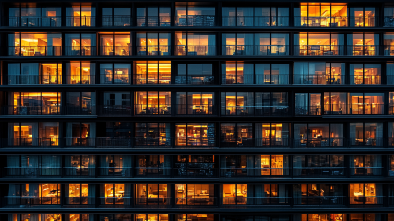 The image shows the facade of a modern apartment building at night. The building has multiple floors with large glass windows, and warm yellow lights illuminate the interiors, creating a grid-like pattern. The windows reveal various rooms, some with visible furniture and decor, giving a glimpse into the living spaces.