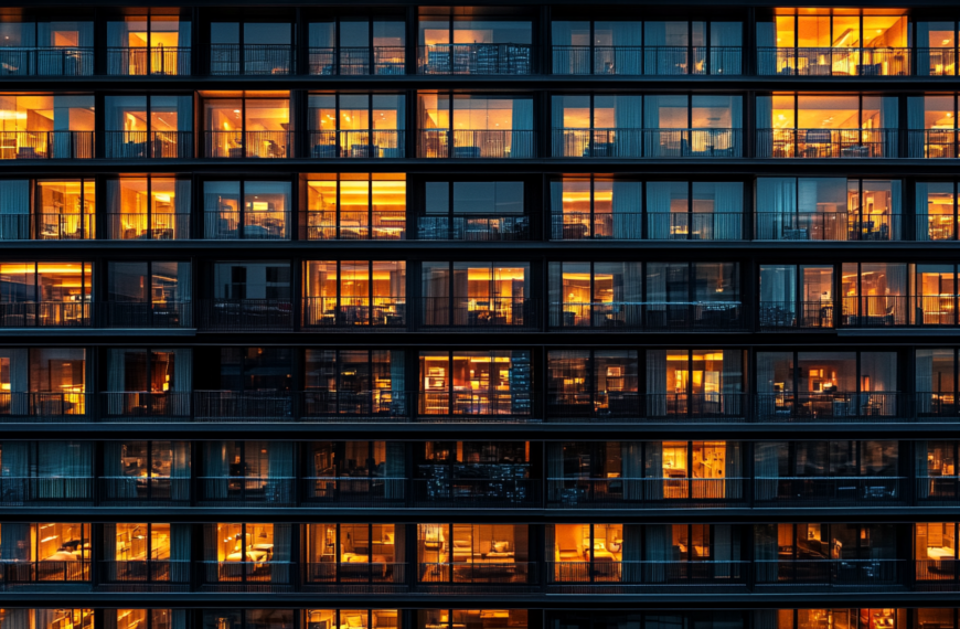 The image shows the facade of a modern apartment building at night. The building has multiple floors with large glass windows, and warm yellow lights illuminate the interiors, creating a grid-like pattern. The windows reveal various rooms, some with visible furniture and decor, giving a glimpse into the living spaces.
