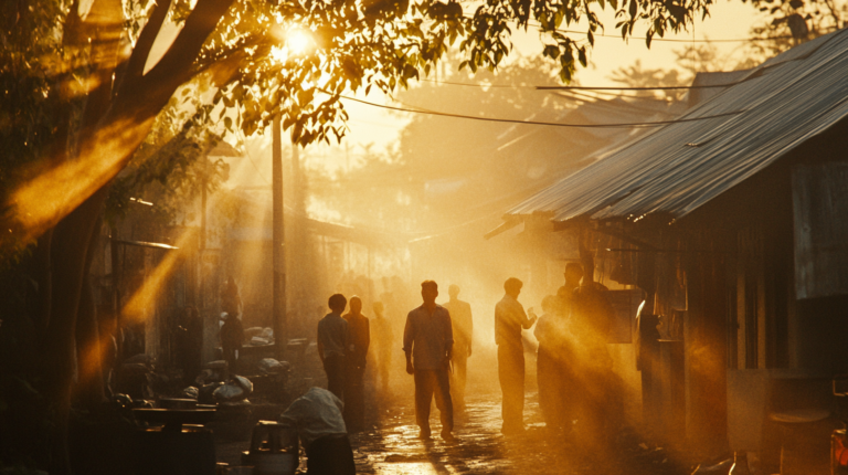 A group of people is standing on a narrow street during sunset or sunrise. The scene is bathed in warm, golden light, with sun rays filtering through the trees. The street is lined with buildings, and the atmosphere is hazy, creating a serene and picturesque setting.