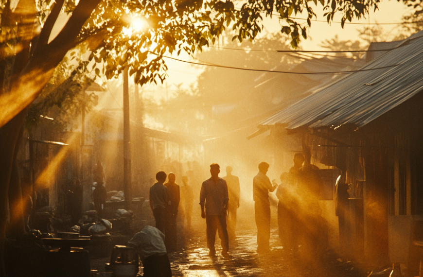 A group of people is standing on a narrow street during sunset or sunrise. The scene is bathed in warm, golden light, with sun rays filtering through the trees. The street is lined with buildings, and the atmosphere is hazy, creating a serene and picturesque setting.