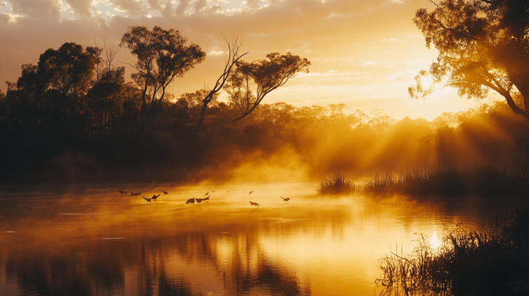 A serene landscape at sunrise with a misty river reflecting the golden light. Silhouettes of trees line the riverbank, and birds are flying low over the water. The sky is partly cloudy, adding texture to the warm, glowing scene.