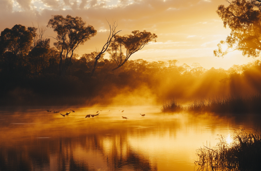 A serene landscape at sunrise with a misty river reflecting the golden light. Silhouettes of trees line the riverbank, and birds are flying low over the water. The sky is partly cloudy, adding texture to the warm, glowing scene.
