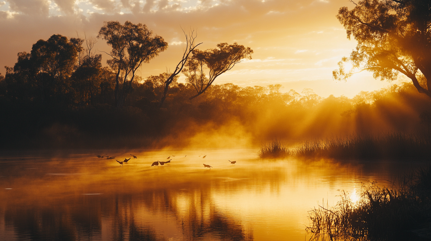 A serene landscape at sunrise with a misty river reflecting the golden light. Silhouettes of trees line the riverbank, and birds are flying low over the water. The sky is partly cloudy, adding texture to the warm, glowing scene.