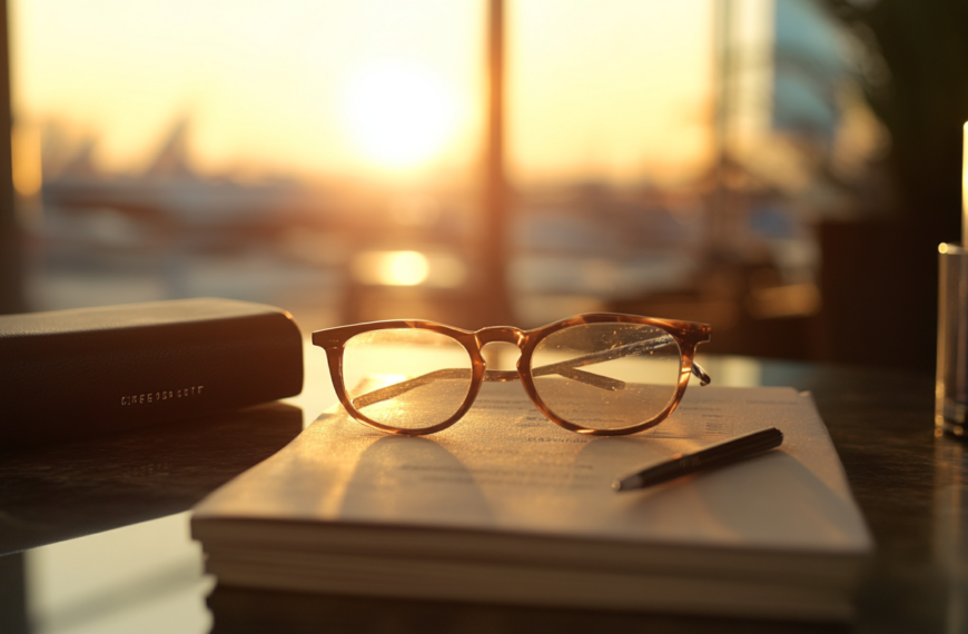 A pair of eyeglasses rests on an open book with a pen nearby, all placed on a table. The background shows a blurred view of a sunset through a window, casting a warm glow over the scene. A glasses case is also visible on the table.