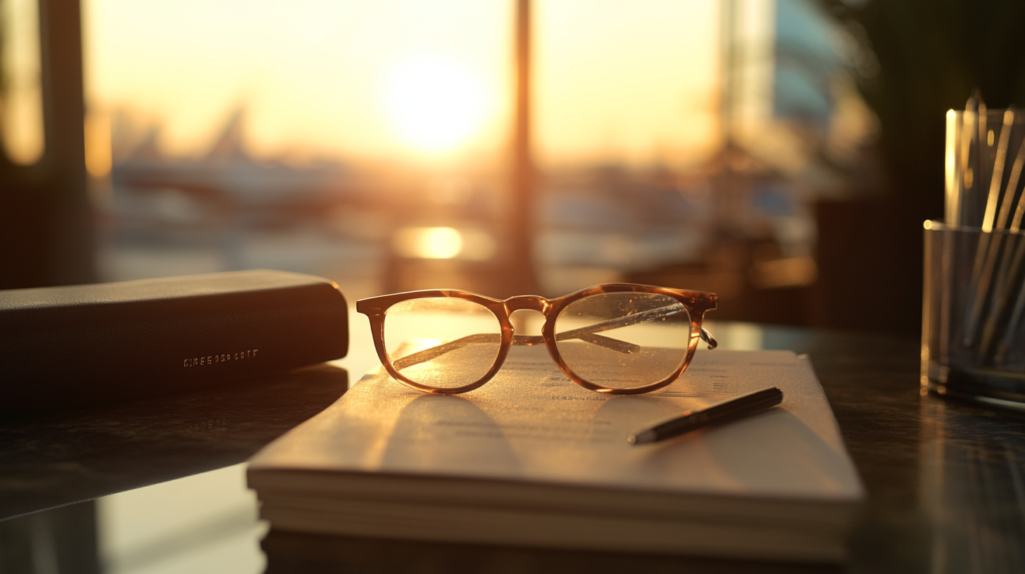 A pair of eyeglasses rests on an open book with a pen nearby, all placed on a table. The background shows a blurred view of a sunset through a window, casting a warm glow over the scene. A glasses case is also visible on the table.