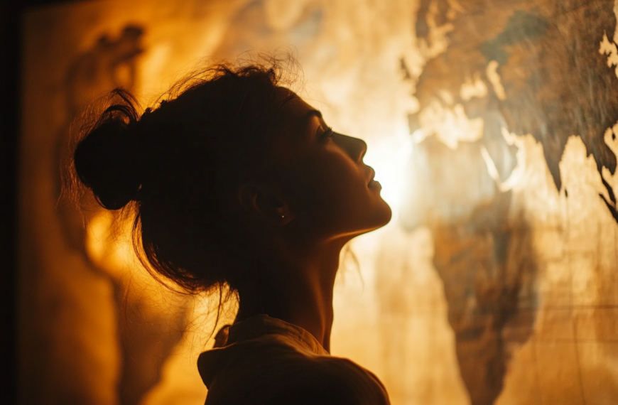 A silhouette of a person with their hair in a bun is seen in profile, looking at a large, illuminated world map on the wall. The warm, golden light creates a dramatic contrast between the person and the map.
