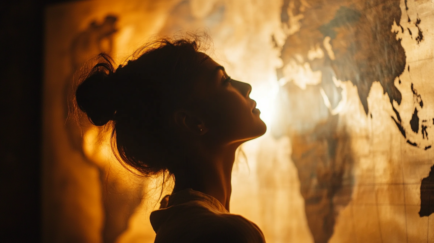 A silhouette of a person with their hair in a bun is seen in profile, looking at a large, illuminated world map on the wall. The warm, golden light creates a dramatic contrast between the person and the map.