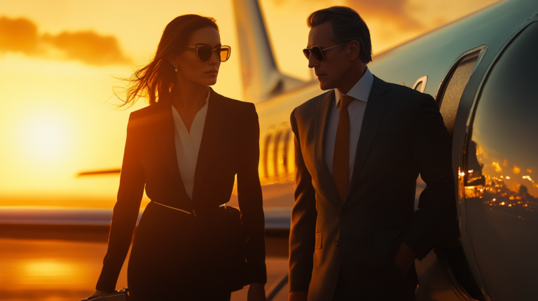 A man and a woman, both wearing sunglasses and formal attire, are standing beside a private jet. The scene is set during sunset, casting a warm glow over them and the aircraft. The woman is holding a briefcase, and both appear to be engaged in conversation.