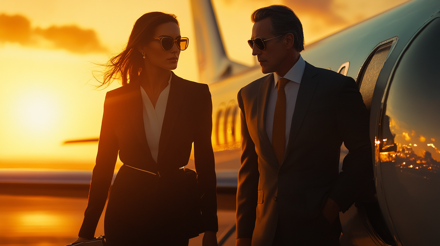 A man and a woman, both wearing sunglasses and formal attire, are standing beside a private jet. The scene is set during sunset, casting a warm glow over them and the aircraft. The woman is holding a briefcase, and both appear to be engaged in conversation.