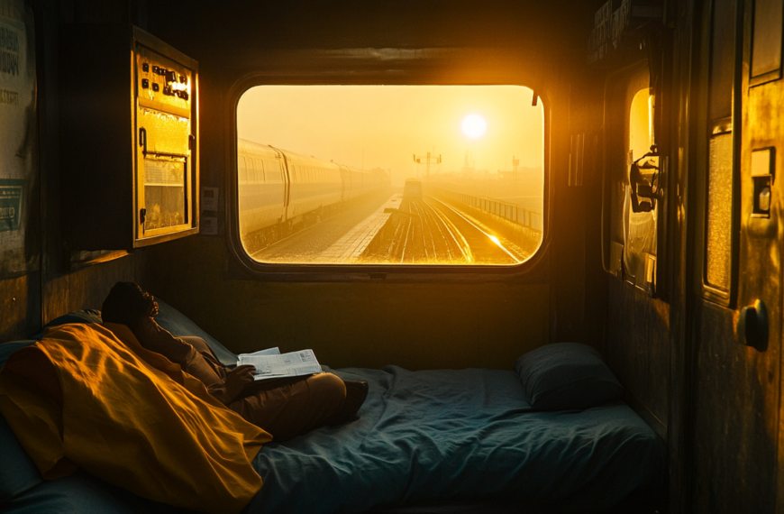 A person is lying on a bed inside a train compartment, covered with a yellow blanket, and reading a book. The window shows a view of another train passing by on parallel tracks, with the sun setting or rising, casting a warm golden light throughout the compartment.