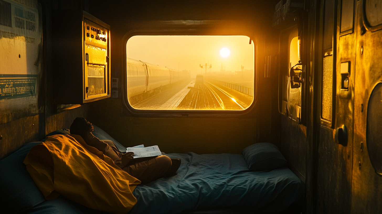 A person is lying on a bed inside a train compartment, covered with a yellow blanket, and reading a book. The window shows a view of another train passing by on parallel tracks, with the sun setting or rising, casting a warm golden light throughout the compartment.