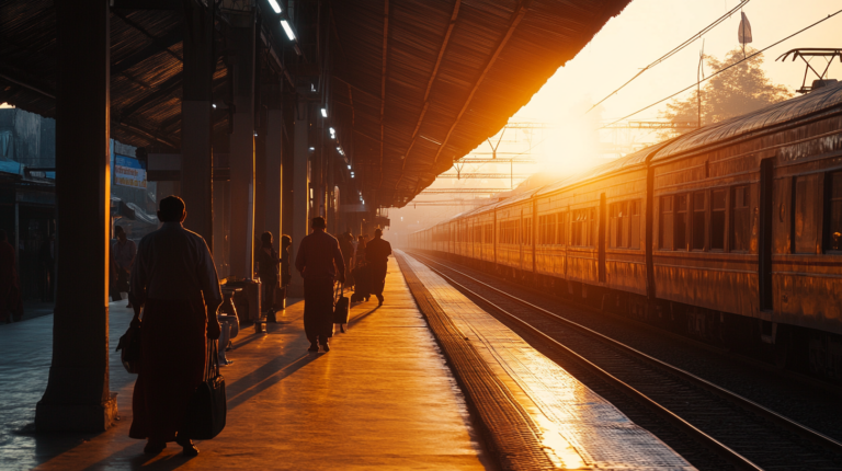 A train station platform at sunrise, with people walking and waiting. The sun casts a warm glow, illuminating the train on the right and creating long shadows on the platform. The station has a covered roof, and the scene conveys a sense of early morning activity.