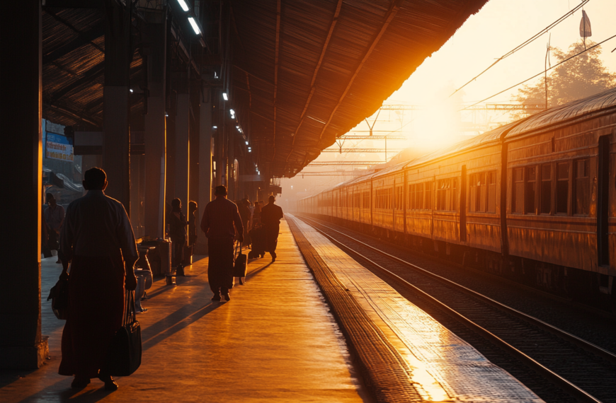 A train station platform at sunrise, with people walking and waiting. The sun casts a warm glow, illuminating the train on the right and creating long shadows on the platform. The station has a covered roof, and the scene conveys a sense of early morning activity.