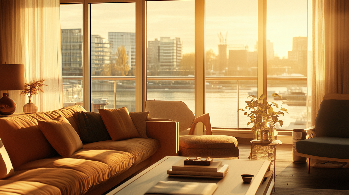 A cozy living room bathed in warm, golden sunlight from large windows. The room features a comfortable sofa with several cushions, a modern armchair, and a coffee table with books and a small cup. A potted plant sits on a side table, and a lamp with a vase of flowers is nearby. The windows offer a view of a cityscape with buildings and a river, creating a serene and inviting atmosphere.