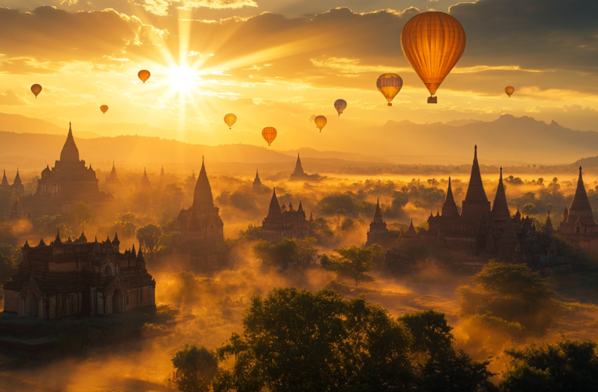 A breathtaking sunrise over the ancient city of Bagan, Myanmar, with numerous hot air balloons floating in the sky. The landscape is dotted with historic pagodas and temples, surrounded by mist and lush greenery. The sun casts a warm golden light, creating a serene and magical atmosphere.