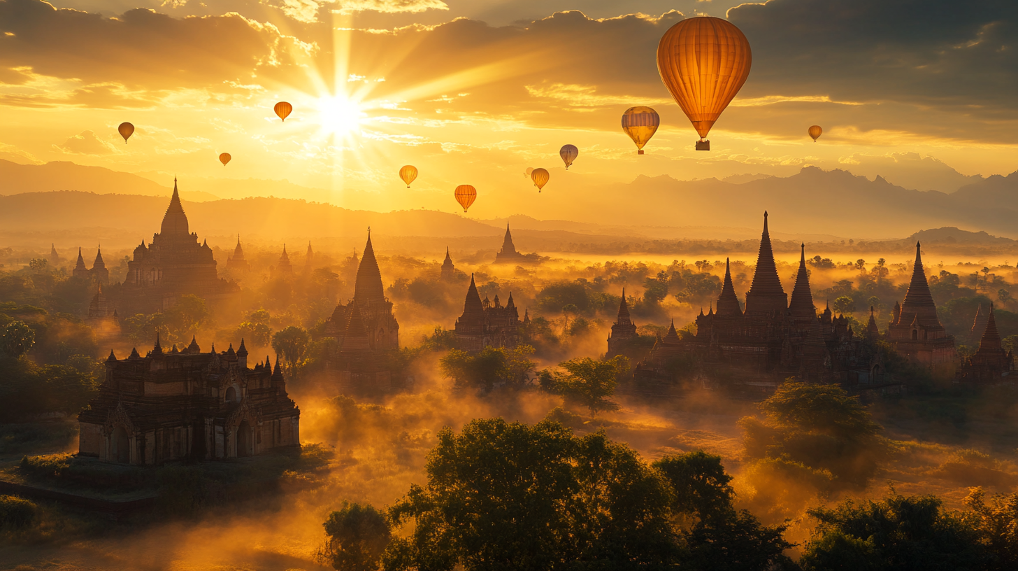 A breathtaking sunrise over the ancient city of Bagan, Myanmar, with numerous hot air balloons floating in the sky. The landscape is dotted with historic pagodas and temples, surrounded by mist and lush greenery. The sun casts a warm golden light, creating a serene and magical atmosphere.