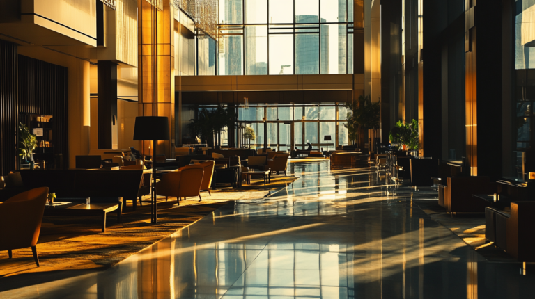 A spacious, modern hotel lobby bathed in warm, golden sunlight. The area features sleek furniture, including armchairs and tables, arranged in a comfortable seating area. Large floor-to-ceiling windows allow natural light to flood the space, creating reflections on the polished floor. Potted plants add a touch of greenery, and the overall atmosphere is elegant and inviting.