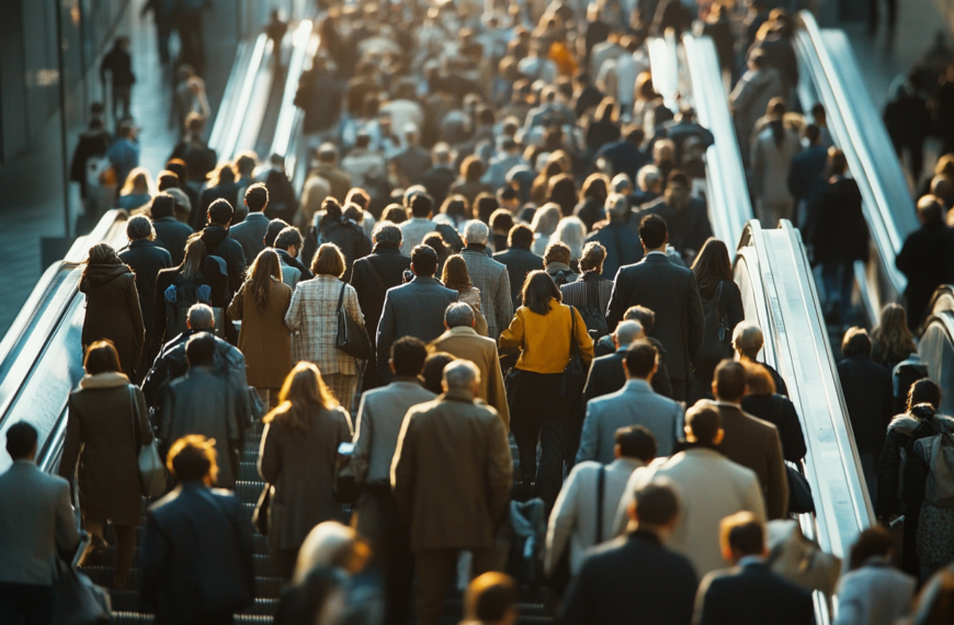 A large crowd of people is seen ascending and descending escalators in a busy indoor setting. The individuals are dressed in a variety of coats and jackets, suggesting a cool or professional environment. The lighting is warm, casting a soft glow over the scene.