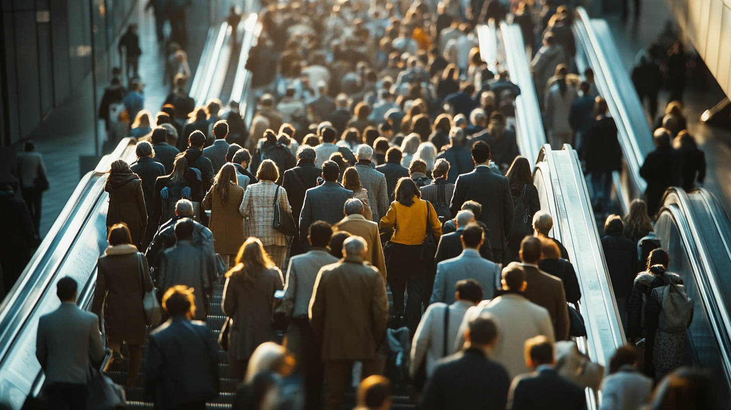 A large crowd of people is seen ascending and descending escalators in a busy indoor setting. The individuals are dressed in a variety of coats and jackets, suggesting a cool or professional environment. The lighting is warm, casting a soft glow over the scene.