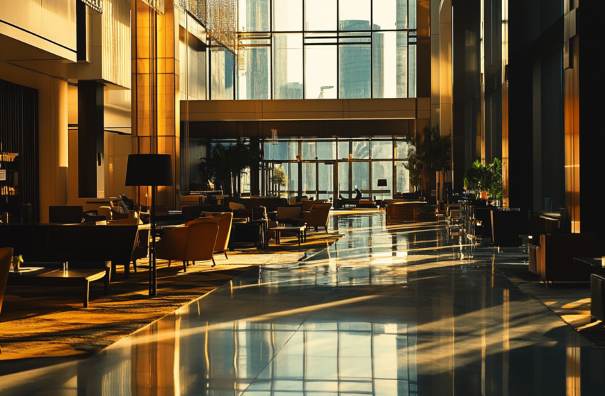 A spacious, modern hotel lobby bathed in warm, golden sunlight. The area features sleek furniture, including armchairs and tables, arranged in a comfortable seating area. Large floor-to-ceiling windows allow natural light to flood the space, creating reflections on the polished floor. Potted plants add a touch of greenery, and the overall atmosphere is elegant and inviting.