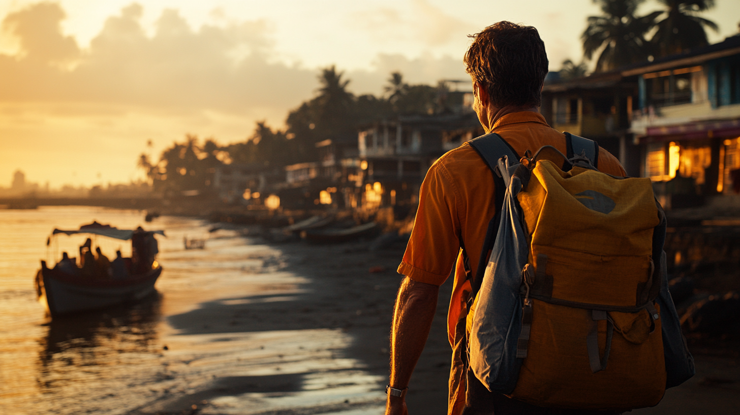 A person with a yellow backpack is walking along a beach at sunset. The scene is warm and golden, with silhouettes of palm trees and buildings in the background. A boat with people is visible on the water, and the sky is filled with soft clouds.