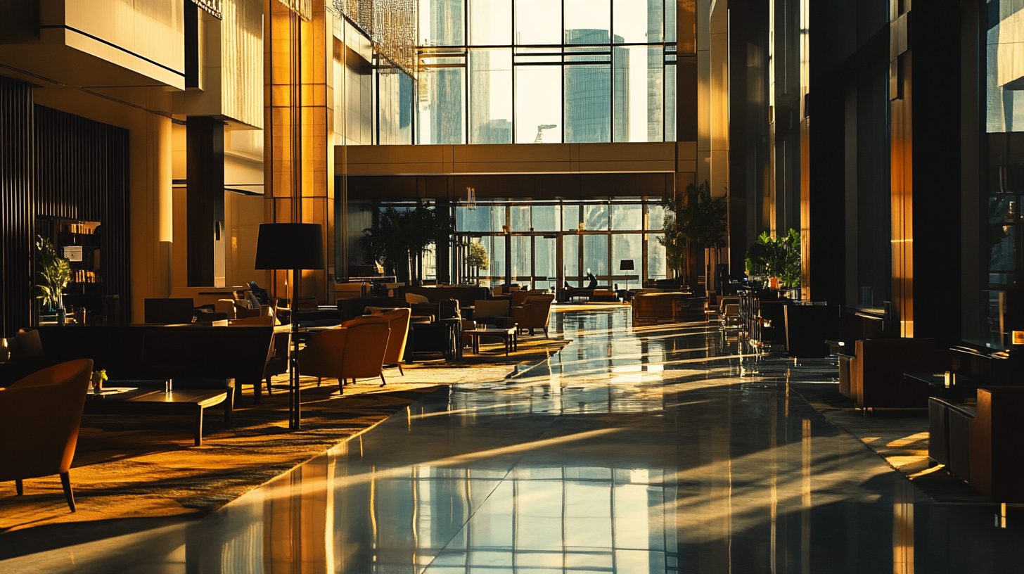 A spacious, modern hotel lobby bathed in warm, golden sunlight. The area features sleek furniture, including armchairs and tables, arranged in a comfortable seating area. Large floor-to-ceiling windows allow natural light to flood the space, creating reflections on the polished floor. Potted plants add a touch of greenery, and the overall atmosphere is elegant and inviting.