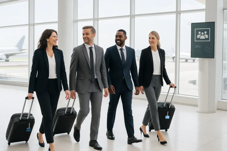 A group of four professionally dressed individuals, two men and two women, are walking through an airport terminal. They are smiling and pulling rolling suitcases. Large windows in the background show an airplane on the tarmac.