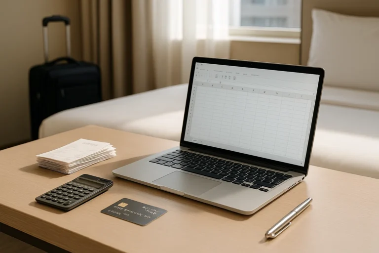 A laptop displaying a spreadsheet is on a wooden desk in a hotel room. Next to the laptop are a stack of receipts, a calculator, a credit card, and a pen. In the background, there is a bed and a suitcase near a window with curtains.