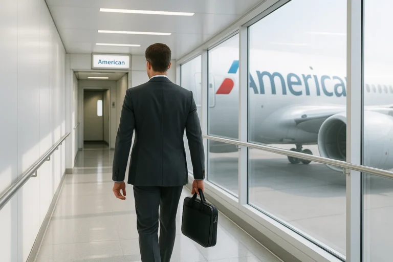 A man in a suit is walking down an airport jet bridge towards an airplane. He is carrying a black briefcase. The airplane outside the window has the word "American" visible on its side. The corridor is well-lit and modern.