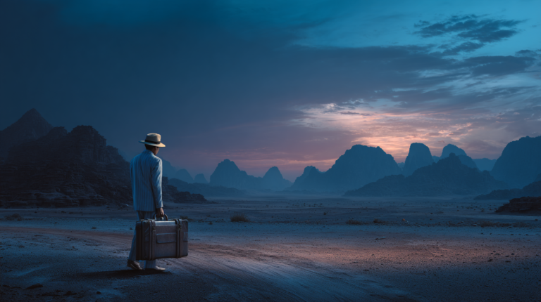 A person in a light-colored suit and hat stands in a vast desert landscape at dusk, holding a suitcase. The sky is a mix of deep blue and pink hues, with silhouetted mountain ranges in the distance. The scene conveys a sense of solitude and adventure.