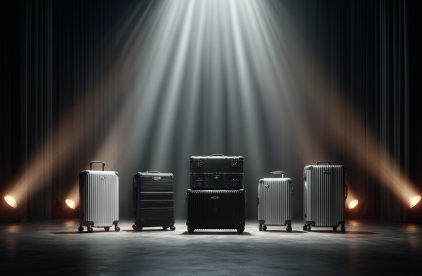 The image shows five pieces of luggage arranged in a row on a stage. They are illuminated by spotlights from above and the sides, creating a dramatic effect. The luggage pieces vary in size and color, with some being silver and others black. The background is dark, enhancing the focus on the luggage.