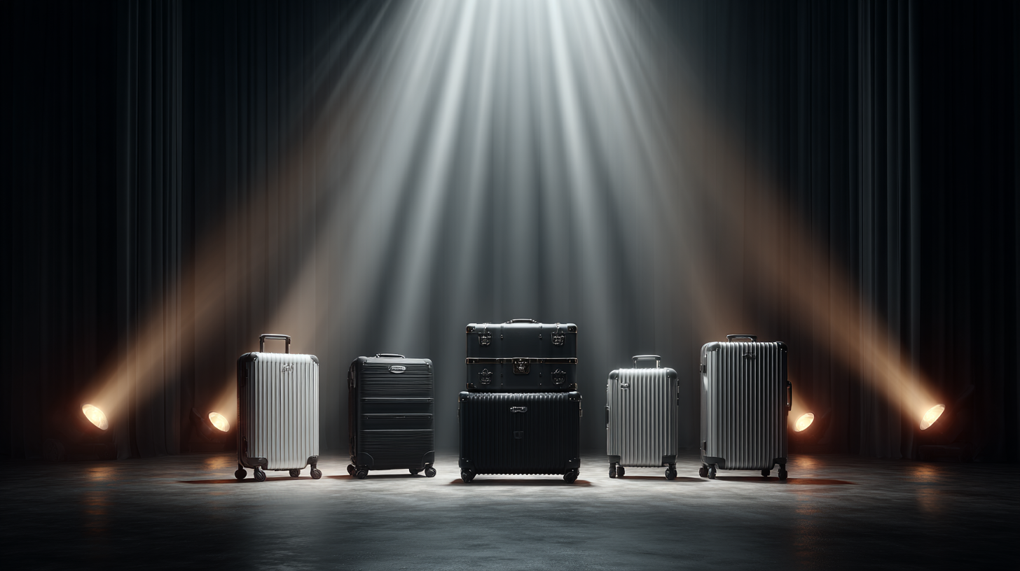 The image shows five pieces of luggage arranged in a row on a stage. They are illuminated by spotlights from above and the sides, creating a dramatic effect. The luggage pieces vary in size and color, with some being silver and others black. The background is dark, enhancing the focus on the luggage.