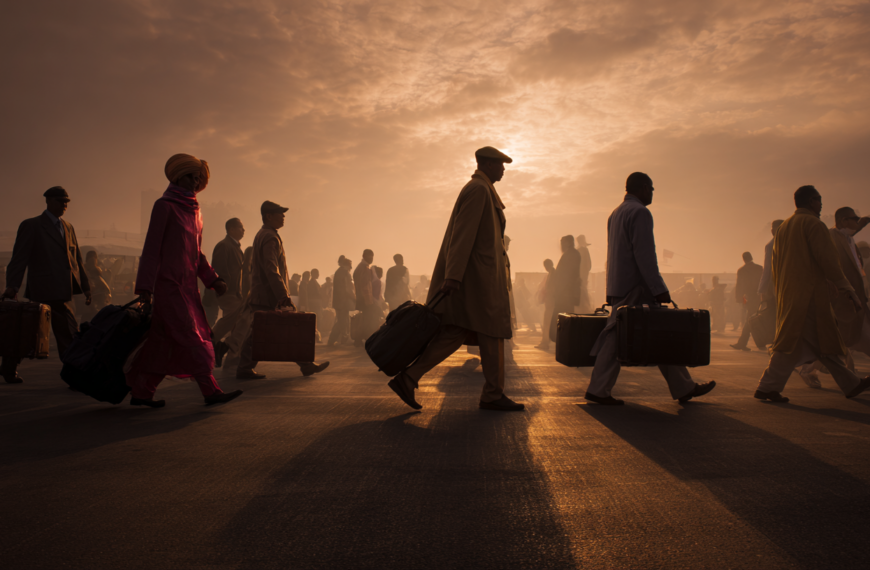A group of people is walking across a street, silhouetted against a dramatic, cloudy sky with the sun setting or rising in the background. They are carrying suitcases and bags, suggesting travel or migration. The scene is bathed in warm, golden light, creating long shadows on the ground.