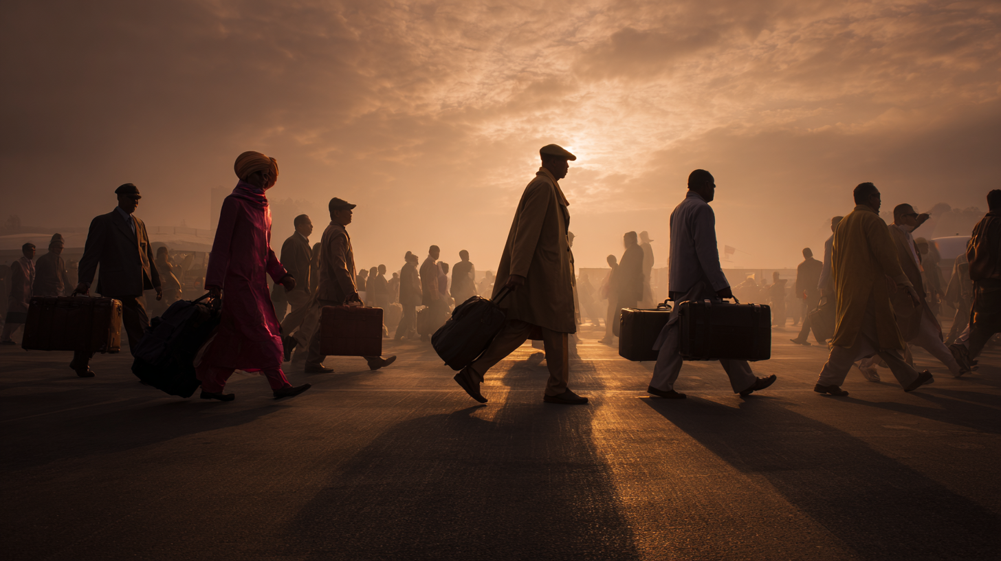 A group of people is walking across a street, silhouetted against a dramatic, cloudy sky with the sun setting or rising in the background. They are carrying suitcases and bags, suggesting travel or migration. The scene is bathed in warm, golden light, creating long shadows on the ground.