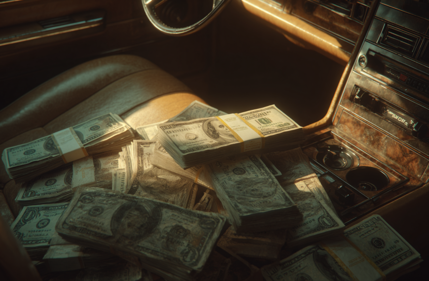 The image shows the interior of a car with stacks of U.S. dollar bills piled on the passenger seat and center console. The car has a vintage look with a wooden dashboard and leather seats. Sunlight is streaming in, illuminating the money.
