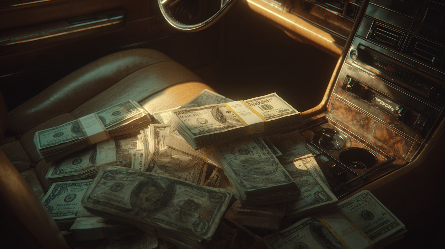 The image shows the interior of a car with stacks of U.S. dollar bills piled on the passenger seat and center console. The car has a vintage look with a wooden dashboard and leather seats. Sunlight is streaming in, illuminating the money.