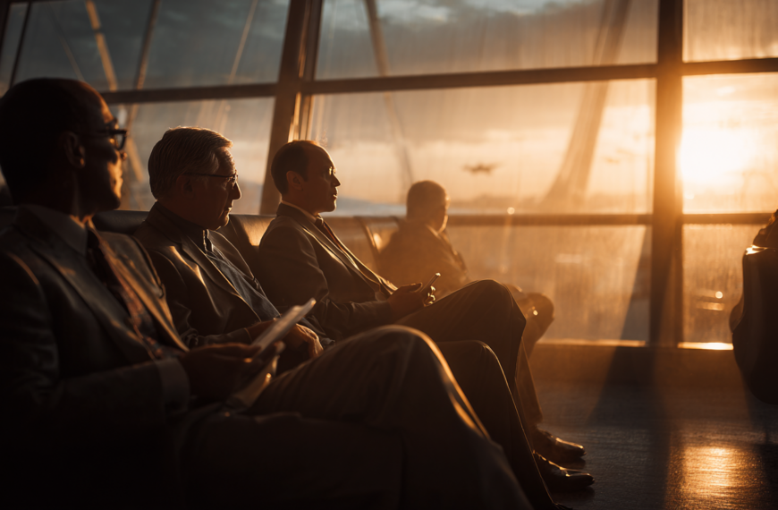 A group of people sitting in an airport lounge, silhouetted against a large window with a sunset in the background. The warm light creates a dramatic atmosphere, and an airplane is visible in the sky outside.