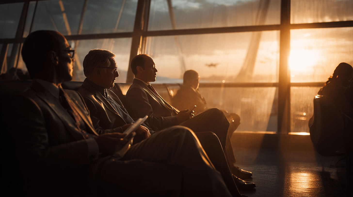 A group of people sitting in an airport lounge, silhouetted against a large window with a sunset in the background. The warm light creates a dramatic atmosphere, and an airplane is visible in the sky outside.