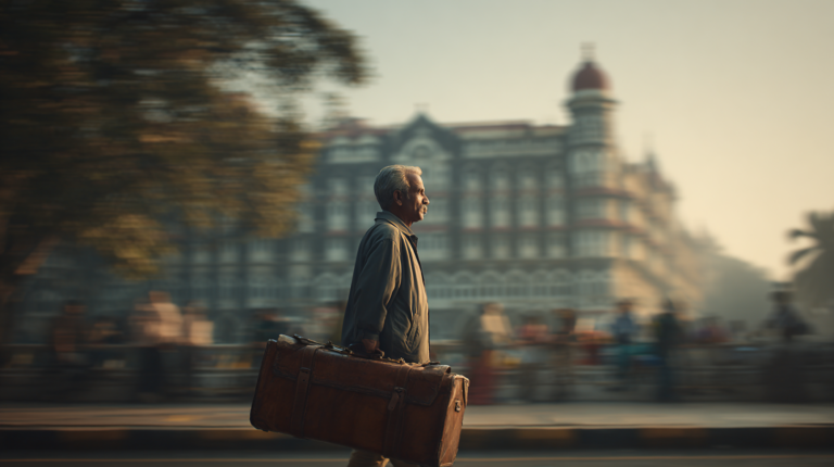 A man with gray hair is walking along a street, carrying a large brown suitcase. He is wearing a jacket and appears to be in motion. In the background, there is a large, historic building with a dome, and the scene is set during the day with a warm, soft light. The image has a blurred effect, giving a sense of movement.