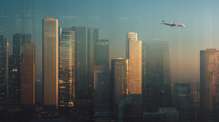 A cityscape at sunset with tall skyscrapers reflecting the warm light. An airplane is flying in the sky above the buildings, adding a dynamic element to the serene urban scene.