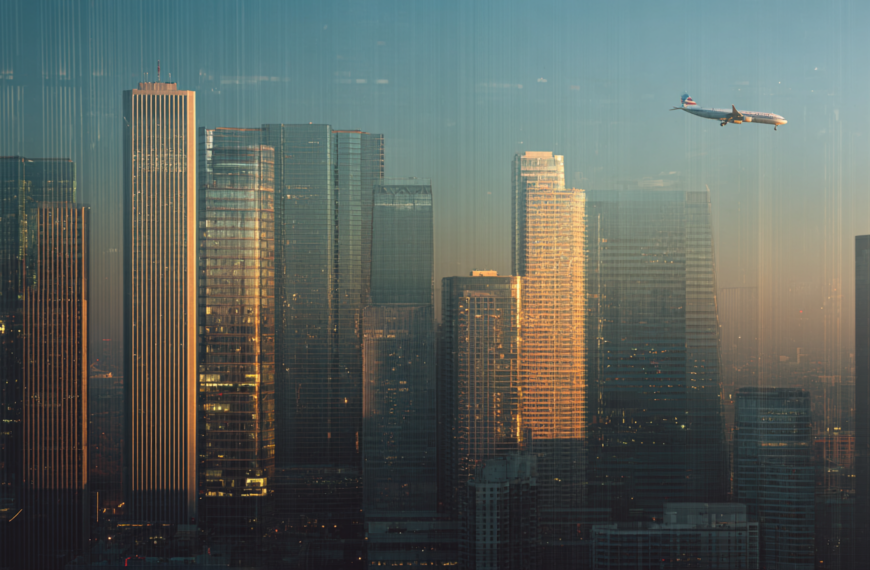 A cityscape at sunset with tall skyscrapers reflecting the warm light. An airplane is flying in the sky above the buildings, adding a dynamic element to the serene urban scene.