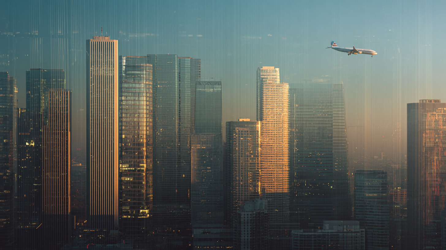 A cityscape at sunset with tall skyscrapers reflecting the warm light. An airplane is flying in the sky above the buildings, adding a dynamic element to the serene urban scene.
