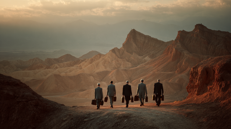 A group of six people in suits, each carrying a briefcase, are walking along a path in a desert landscape. The scene is set during sunset or sunrise, casting a warm glow over the rugged, mountainous terrain in the background. The sky is partly cloudy, adding to the dramatic atmosphere.