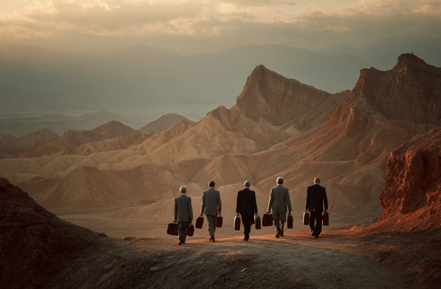 A group of six people in suits, each carrying a briefcase, are walking along a path in a desert landscape. The scene is set during sunset or sunrise, casting a warm glow over the rugged, mountainous terrain in the background. The sky is partly cloudy, adding to the dramatic atmosphere.