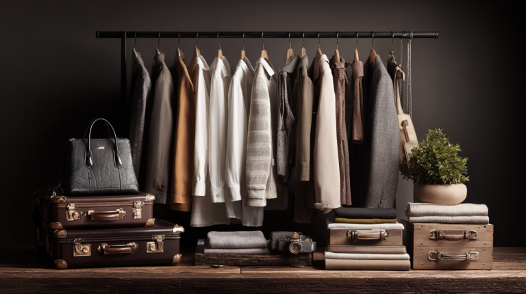 A clothing rack displays a variety of neatly arranged garments, including shirts, jackets, and coats in neutral tones. Below the rack, there are stacked vintage suitcases and folded clothes. A black leather handbag sits on top of the suitcases. To the right, a potted plant adds a touch of greenery, and a vintage camera is placed among the folded clothes. The setting has a sophisticated and organized appearance.