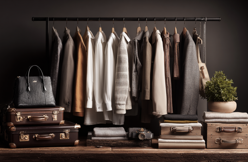 A clothing rack displays a variety of neatly arranged garments, including shirts, jackets, and coats in neutral tones. Below the rack, there are stacked vintage suitcases and folded clothes. A black leather handbag sits on top of the suitcases. To the right, a potted plant adds a touch of greenery, and a vintage camera is placed among the folded clothes. The setting has a sophisticated and organized appearance.