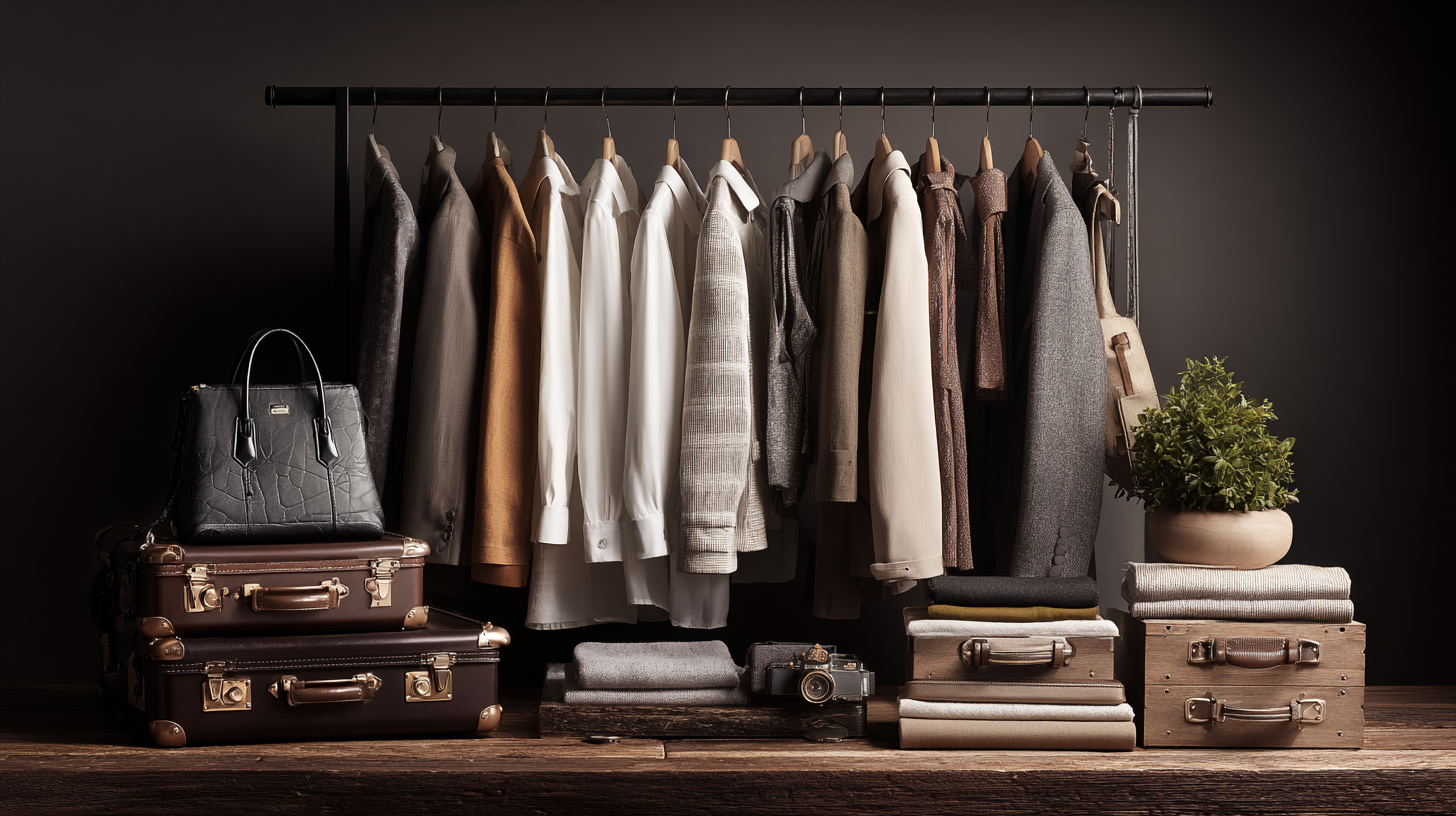 A clothing rack displays a variety of neatly arranged garments, including shirts, jackets, and coats in neutral tones. Below the rack, there are stacked vintage suitcases and folded clothes. A black leather handbag sits on top of the suitcases. To the right, a potted plant adds a touch of greenery, and a vintage camera is placed among the folded clothes. The setting has a sophisticated and organized appearance.