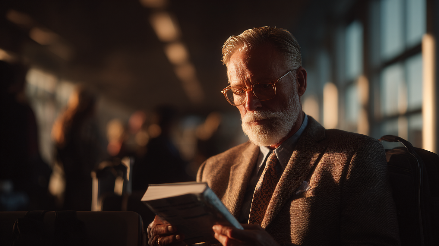 A man with a white beard and glasses is sitting in a sunlit airport terminal, reading a book. He is wearing a suit and tie, and the background is softly blurred with other people and large windows visible.
