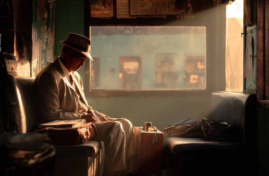A man in a suit and hat is sitting in a dimly lit train compartment, illuminated by warm sunlight streaming through the window. He appears to be reading or writing, with a briefcase and a suitcase beside him. The scene conveys a sense of nostalgia and tranquility.